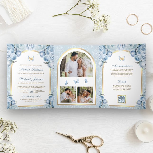 Soft Blue Floral Gold Arch Butterfly Wedding Tri-Fold Invitation (Creator Uploaded)