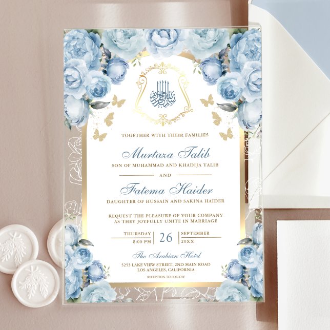 Soft Blue Floral Gold Arch Muslim Wedding Acrylic Invitations (Creator Uploaded)