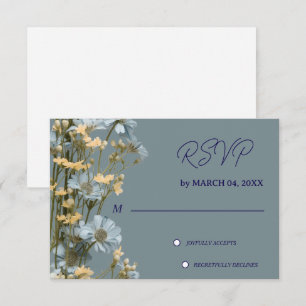 Soft Blue Floral Grey Classic Wedding RSVP Card