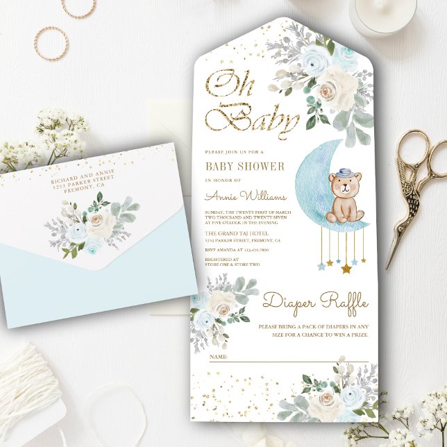 Soft Blue Floral Moon Cute Teddy Bear Baby Shower All In One Invitation (Creator Uploaded)