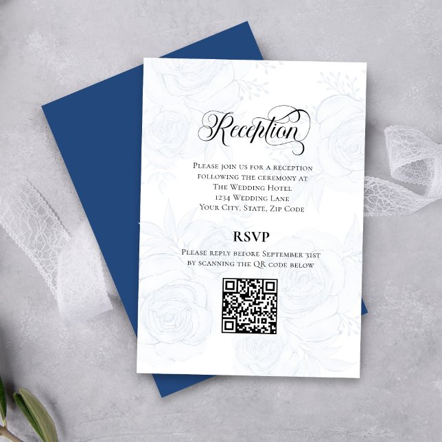 Soft Blue Floral Reception RSVP QR Code Card (Soft blue floral RSVP card with QR code for easy online wedding responses)