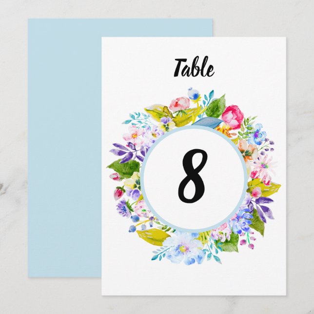 Soft Blue Floral Romantic Wedding Table Number (Front/Back)