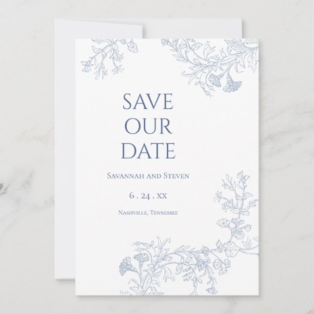 Soft Blue Floral Save the Date (Front)