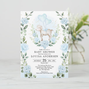 Soft Blue Flower Lamb Baby Shower Spring Garden Invitation