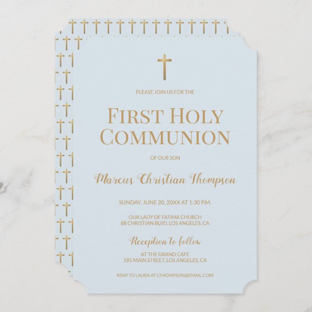 Soft Blue Gold Cross Boy First holy communion  Invitation (Front/Back)