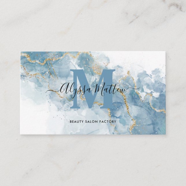 Soft Blue Gold Glitter Monogram Name Initial  Business Card (Front)