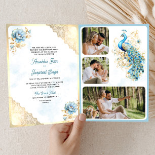 Soft Blue Gold Lace Floral Indian Peacock Wedding Invitation