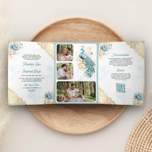 Soft Blue Gold Lace Floral Indian Peacock Wedding Tri-Fold Invitation