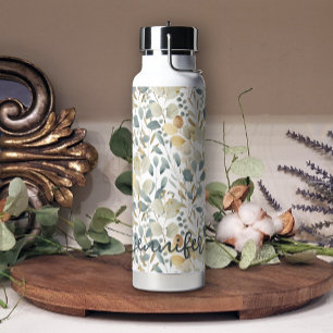 Soft Blue Gold Pretty Leaf Floral Add Name Water Bottle