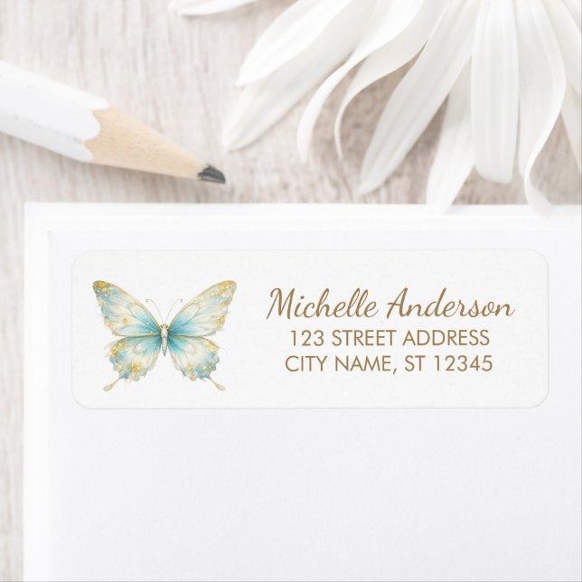 Soft Blue & Gold Sparkle Butterfly Return Address  Label (Insitu)