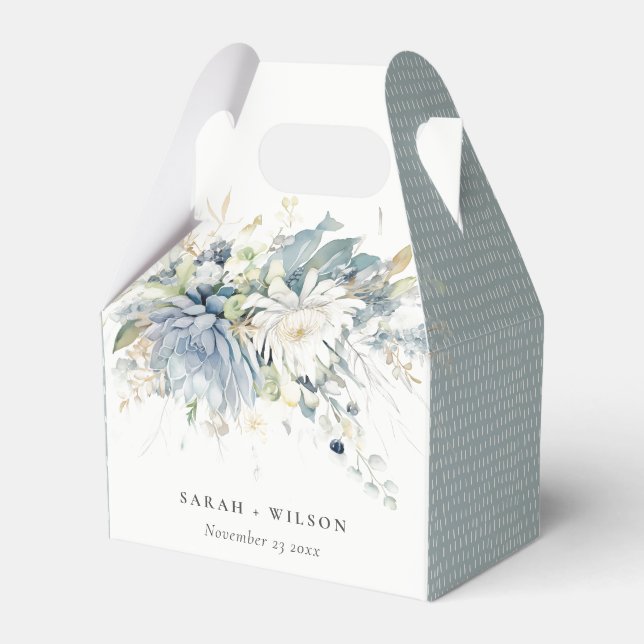 Soft Blue Green Succulent Floral Botanical Wedding Favour Box (Front Side)