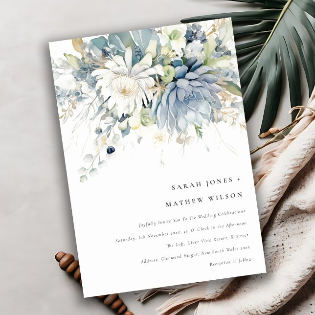 Soft Blue Green Succulent Floral Botanical Wedding Invitation (Creator Uploaded)