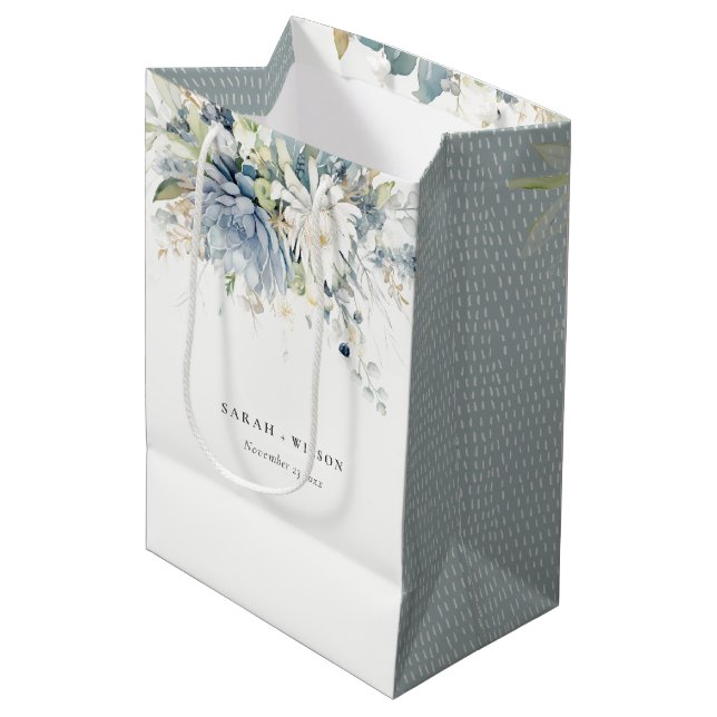 Soft Blue Green Succulent Floral Botanical Wedding Medium Gift Bag (Front Angled)