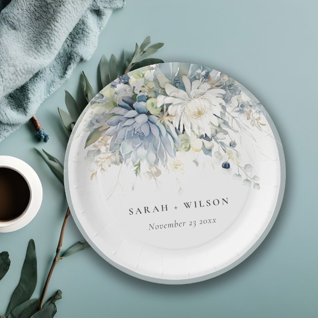 Soft Blue Green Succulent Floral Botanical Wedding Paper Plate (Creator Uploaded)