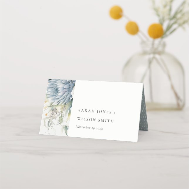 Soft Blue Green Succulent Floral Botanical Wedding Place Card (Front)