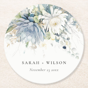 Soft Blue Green Succulent Floral Botanical Wedding Round Paper Coaster