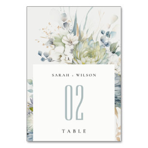 Soft Blue Green Succulent Floral Botanical Wedding Table Number