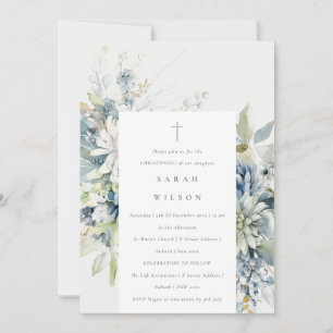 Soft Blue Green Succulent Floral Christening  Invitation