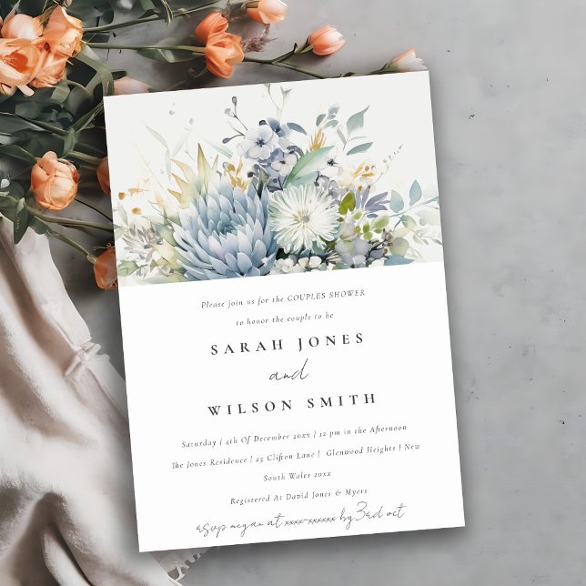 Soft Blue Green Succulent Floral Couples Shower Invitation (Creator Uploaded)