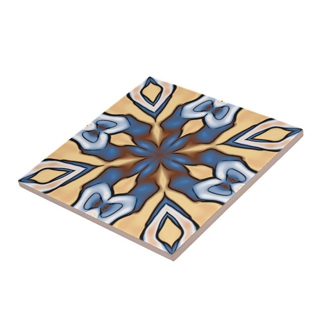 Soft Blue Grey Cream Yellow Brown Ethnic Tribe Art Ceramic Tile (Side)