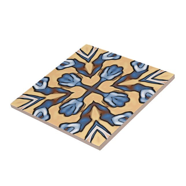 Soft Blue Grey Cream Yellow Brown Ethnic Tribe Art Ceramic Tile (Side)