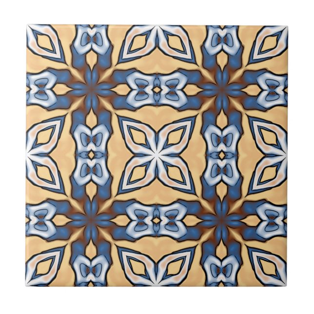 Soft Blue Grey Cream Yellow Brown Ethnic Tribe Art Ceramic Tile (Front)