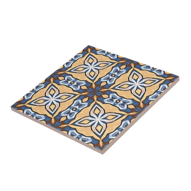 Soft Blue Grey Cream Yellow Brown Ethnic Tribe Art Ceramic Tile (Side)