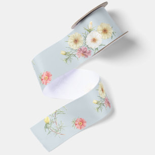 Soft Blue Grey Moss Rose Watercolor Floral Satin Ribbon