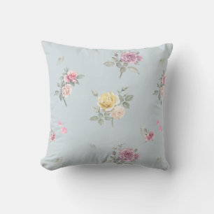 Soft Blue Grey Rose Watercolor Floral Cushion