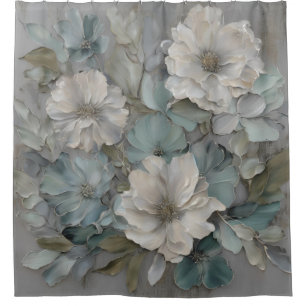 Soft Blue Grey Sage Farmhouse Floral Shower Curtain