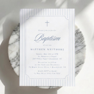 Soft Blue-Grey Striped Baptism Invitation