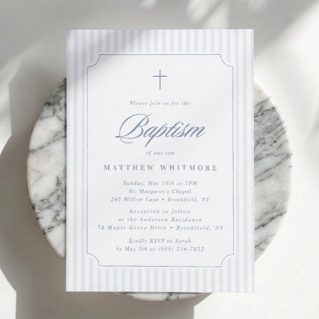 Soft Blue-Grey Striped Baptism Invitation (Creator Uploaded)