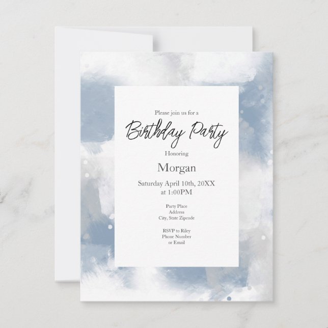 Soft Blue Grey & White Abstract Brushstrokes   Invitation (Front)