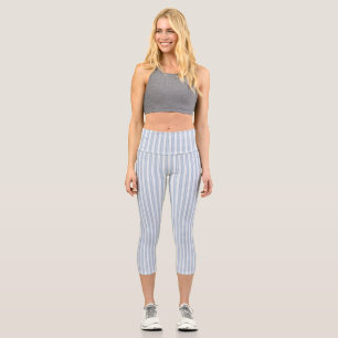 Soft Blue Herringbone Fern Striped Pattern Capri Leggings
