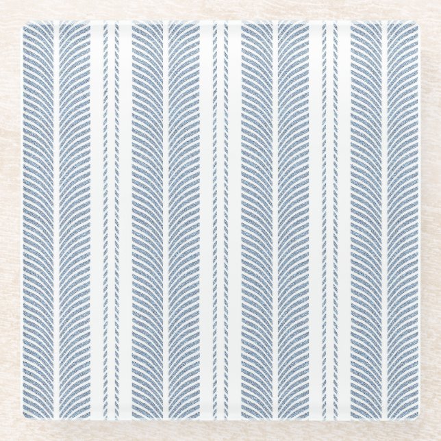 Soft Blue Herringbone Fern Striped Pattern Glass Coaster (Front)