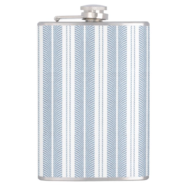 Soft Blue Herringbone Fern Striped Pattern Hip Flask (Front)