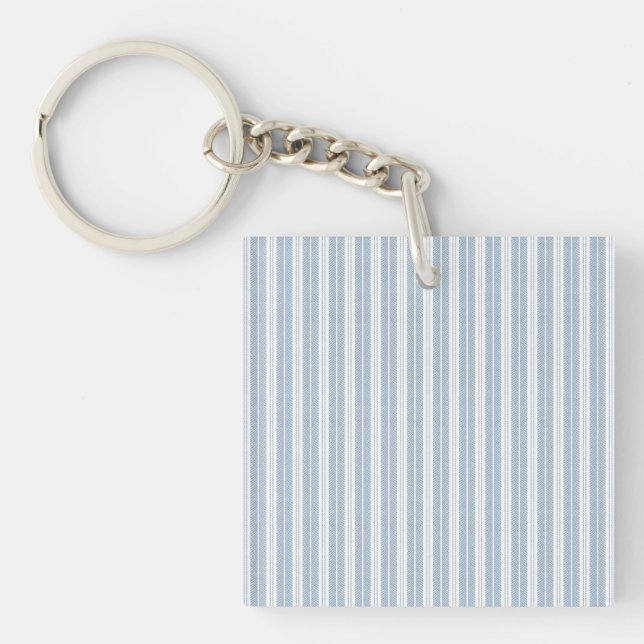 Soft Blue Herringbone Fern Striped Pattern Key Ring (Front)