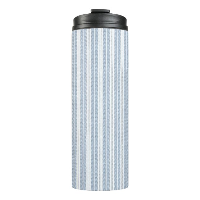 Soft Blue Herringbone Fern Striped Pattern Thermal Tumbler (Front)
