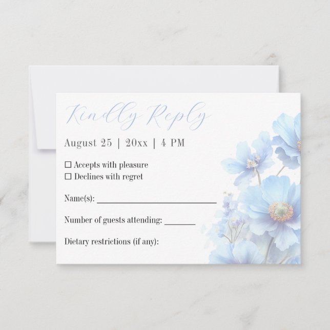 Soft Blue Himalayan Poppy Flower Garden Wedding  RSVP Card (Front)