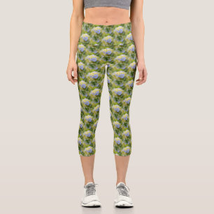 Soft Blue Hydrangea Flower Nature Pattern Capri Leggings