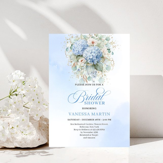 Soft Blue Hydrangea Gold Bridal Shower Invitation (Soft Blue Hydrangea Gold Bridal Shower Invitation)
