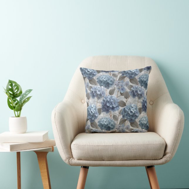 Soft Blue Hydrangea Grey Floral Pattern Cushion (Chair)