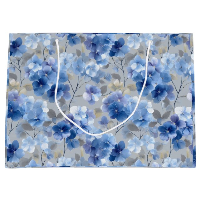 Soft Blue Hydrangea Grey Floral Pattern Large Gift Bag (Front)