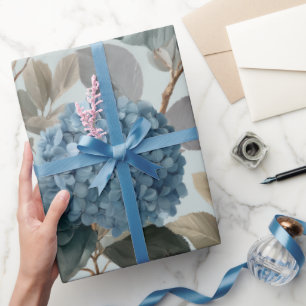 Soft Blue Hydrangea Grey Floral Pattern Wrapping Paper