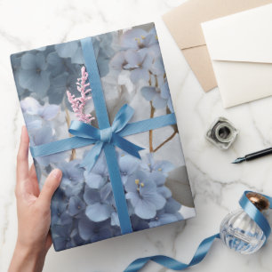 Soft Blue Hydrangea Grey Floral Pattern Wrapping Paper