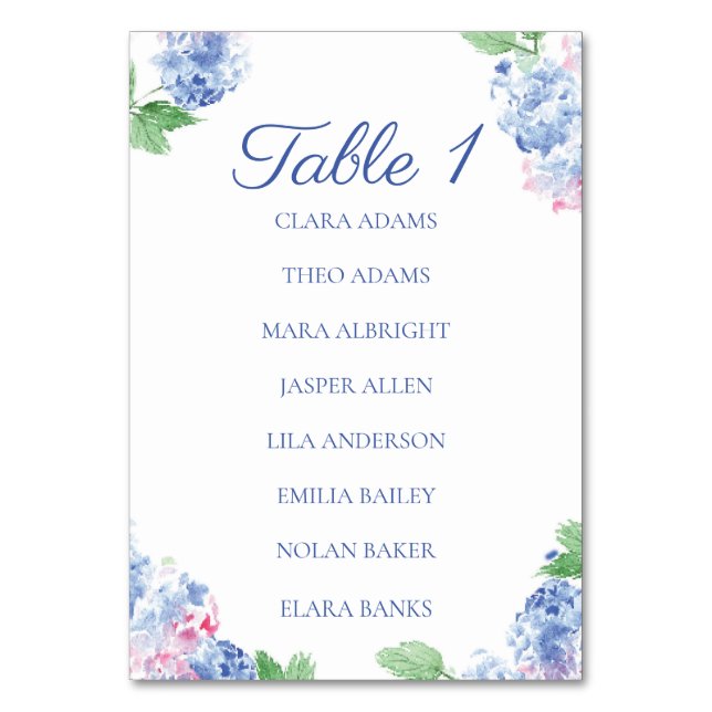 Soft Blue Hydrangea Numeric Seating Chart Card (Front)