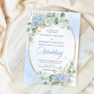 Soft Blue Hydrangea Wheat Gold Elegant Wedding  Invitation