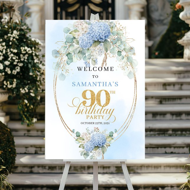 Soft Blue Hydrangeas Boho 90th birthday welcome Poster (Soft Blue Hydrangeas Boho 90th birthday welcome)