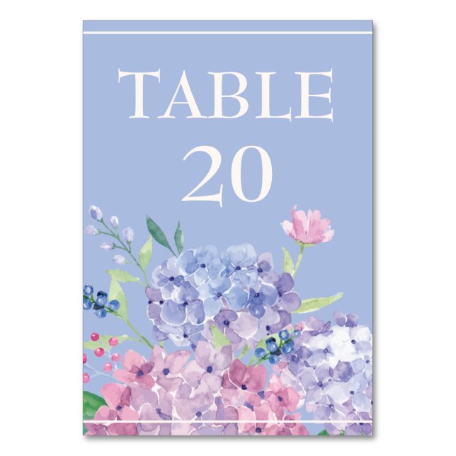 Soft Blue, Hydrangeas Wedding Reception Dining Table Number (Front)
