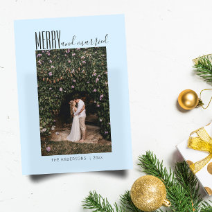 Soft Blue Minimal Merry Married Wedding Two Photo Holiday Card